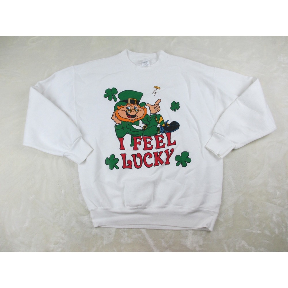 VINTAGE Signal Sweater Mens Large White I Feel‎ Lucky Leprechaun USA Pullover*
